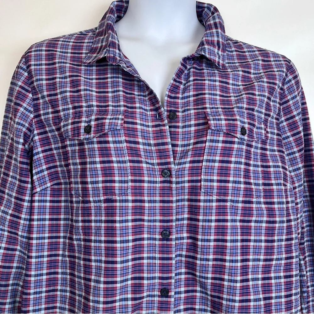 Eddie Bauer Shirt Women’s 3X Purple Pink Plaid Adventurer Roll-Tab Sleeve READ